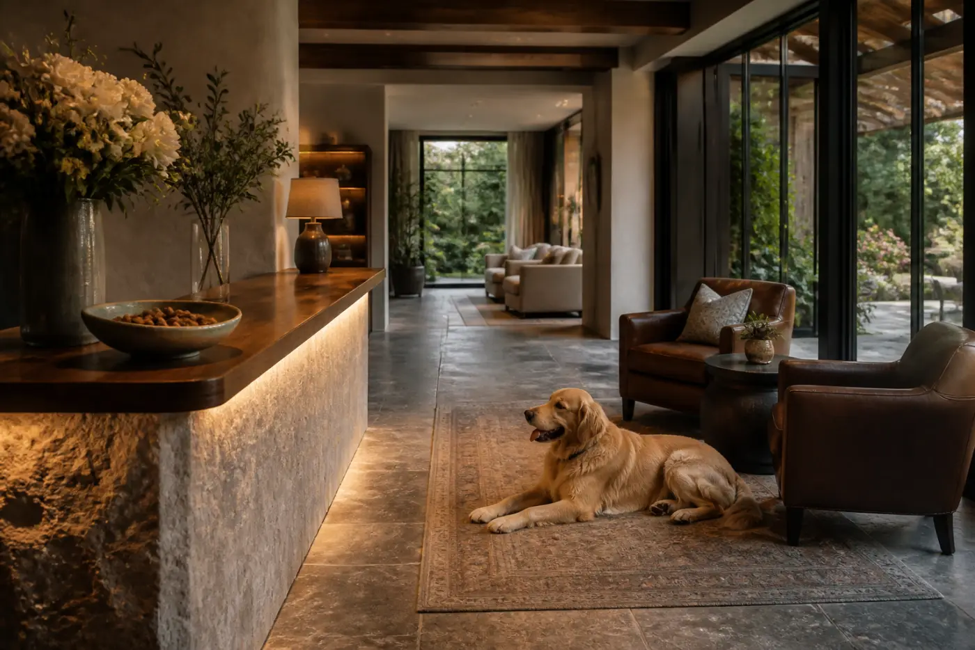 Empfangshalle des Luxus-Hundehotels in Düsseldorf mit Rezeption und wartendem Retriever