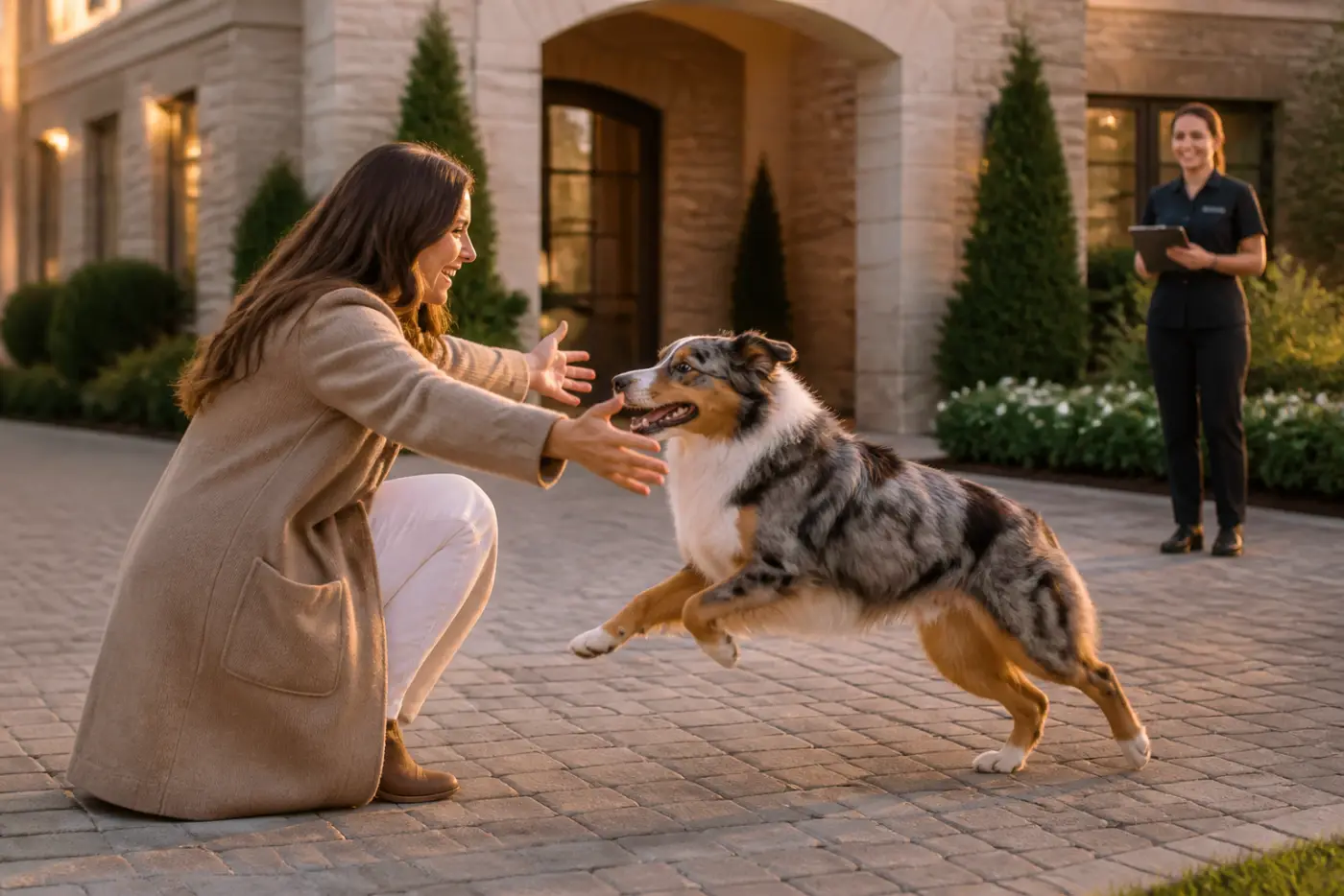 Wiedersehen eines Australian Shepherds mit der Halterin vor dem Dog Resort in Düsseldorf