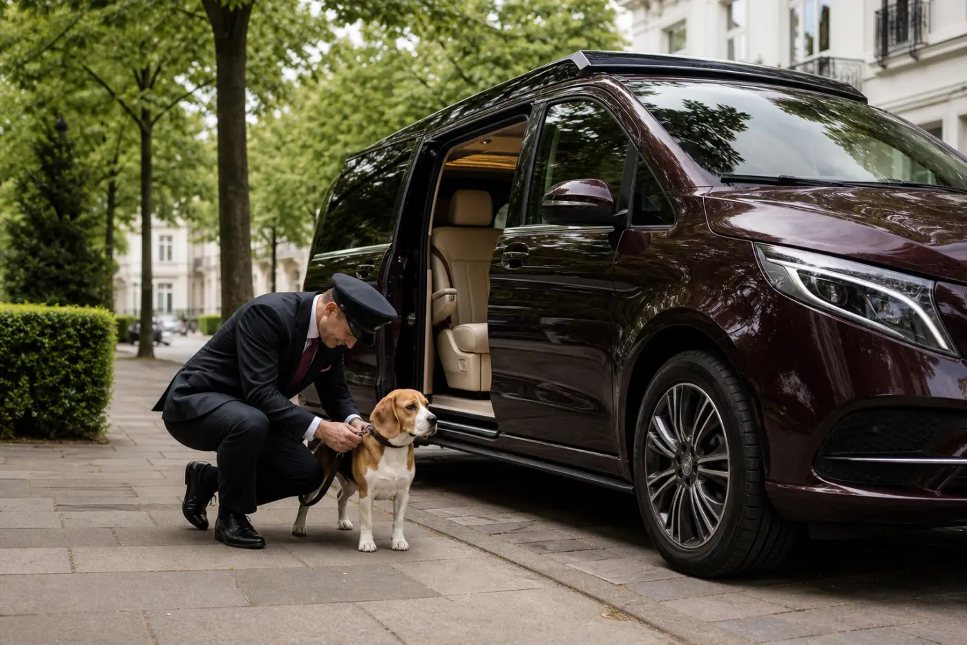 Fahrer sichert einen Beagle an der Leine vor einem Premium-Abholvan in einer Düsseldorfer Wohnstraße