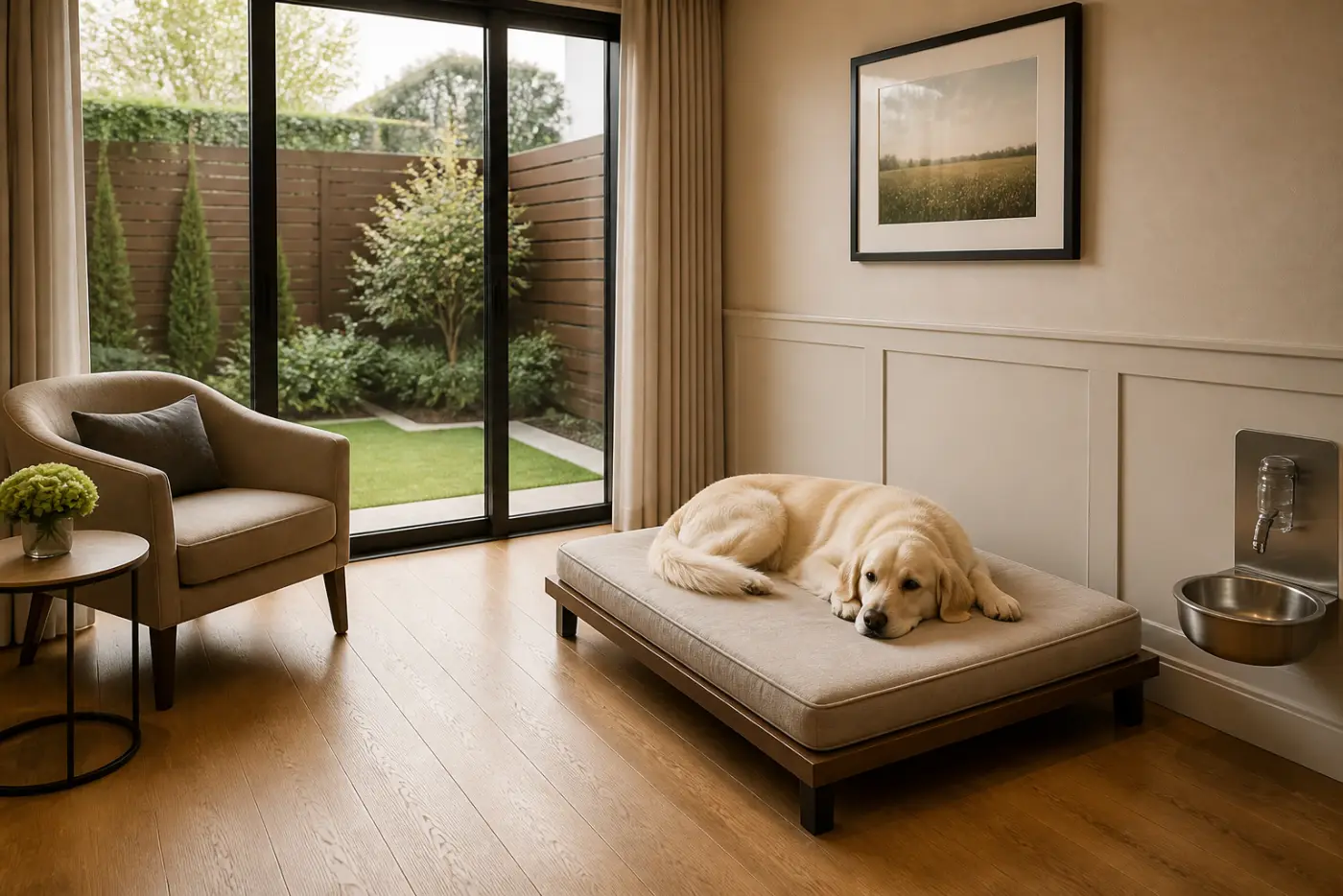Golden Retriever ruht in einer hölzernen Luxus-Suite der Hundepension in Düsseldorf-Kaiserswerth