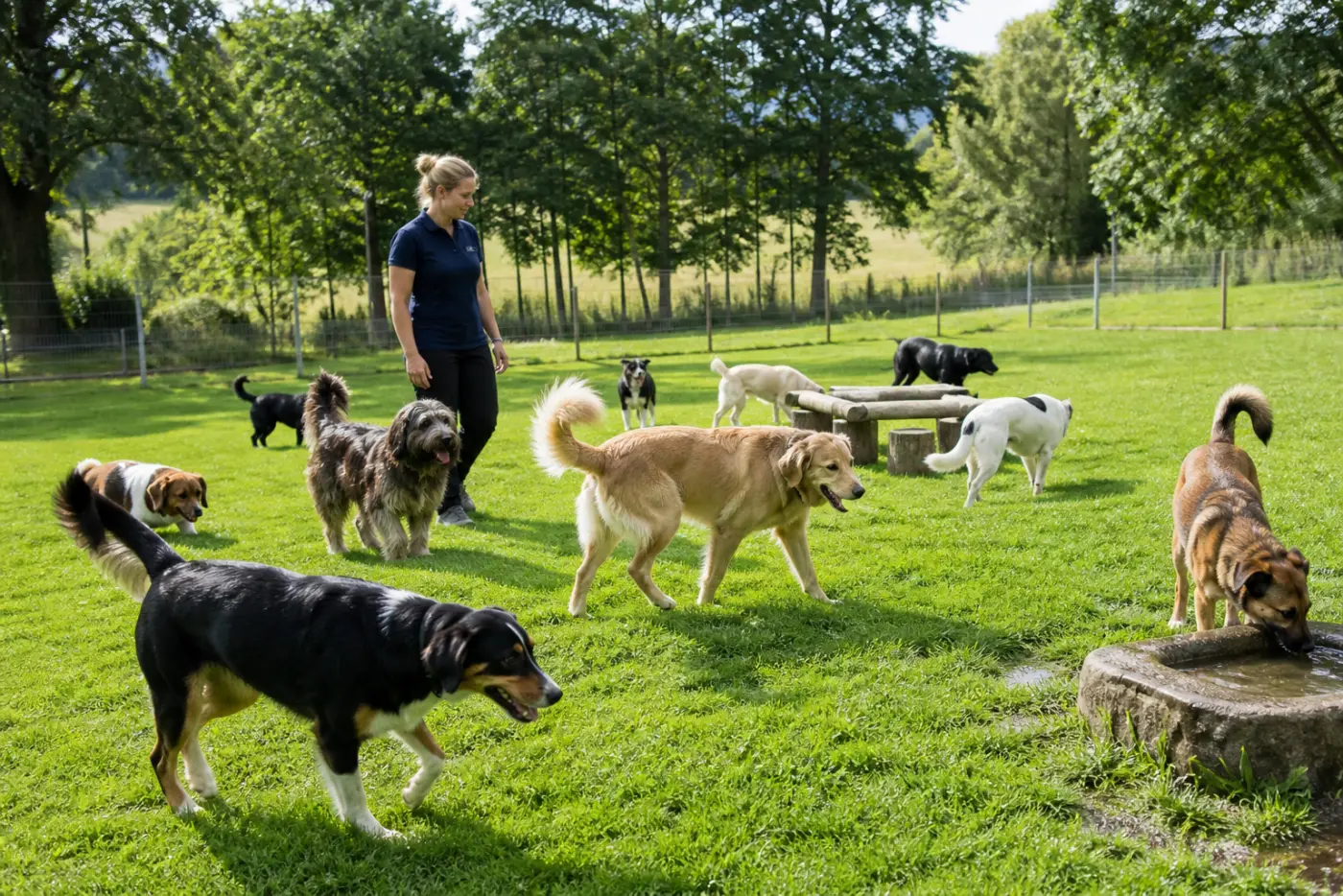 Hundetagestätte mit betreuter Spielwiese und gemischten Hunden im Premium-Resort Düsseldorf