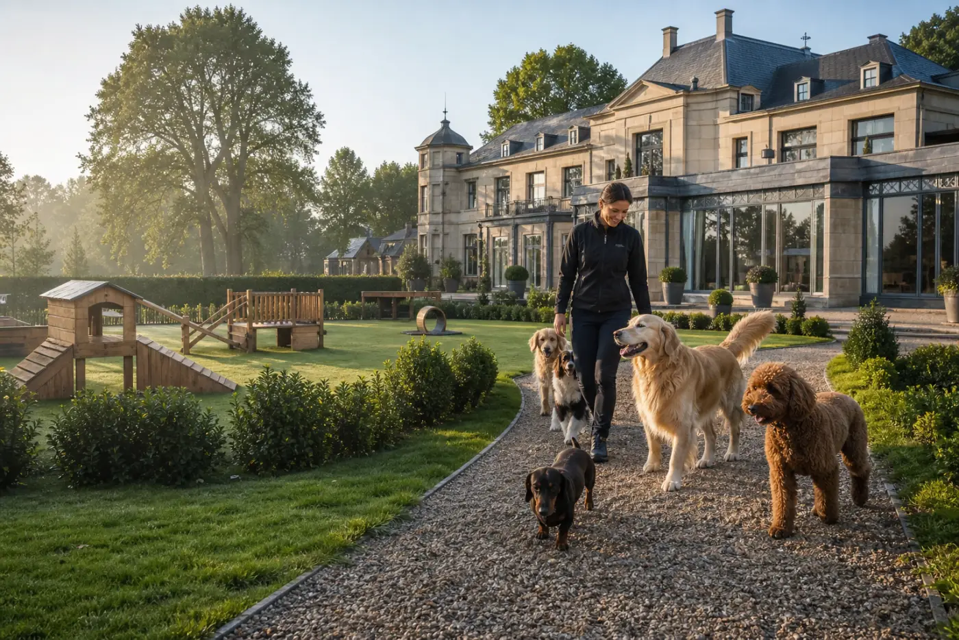 Luxus-Hundehotel mit Gartenanlage und betreuten Hunden in Düsseldorf-Kaiserswerth am Morgen