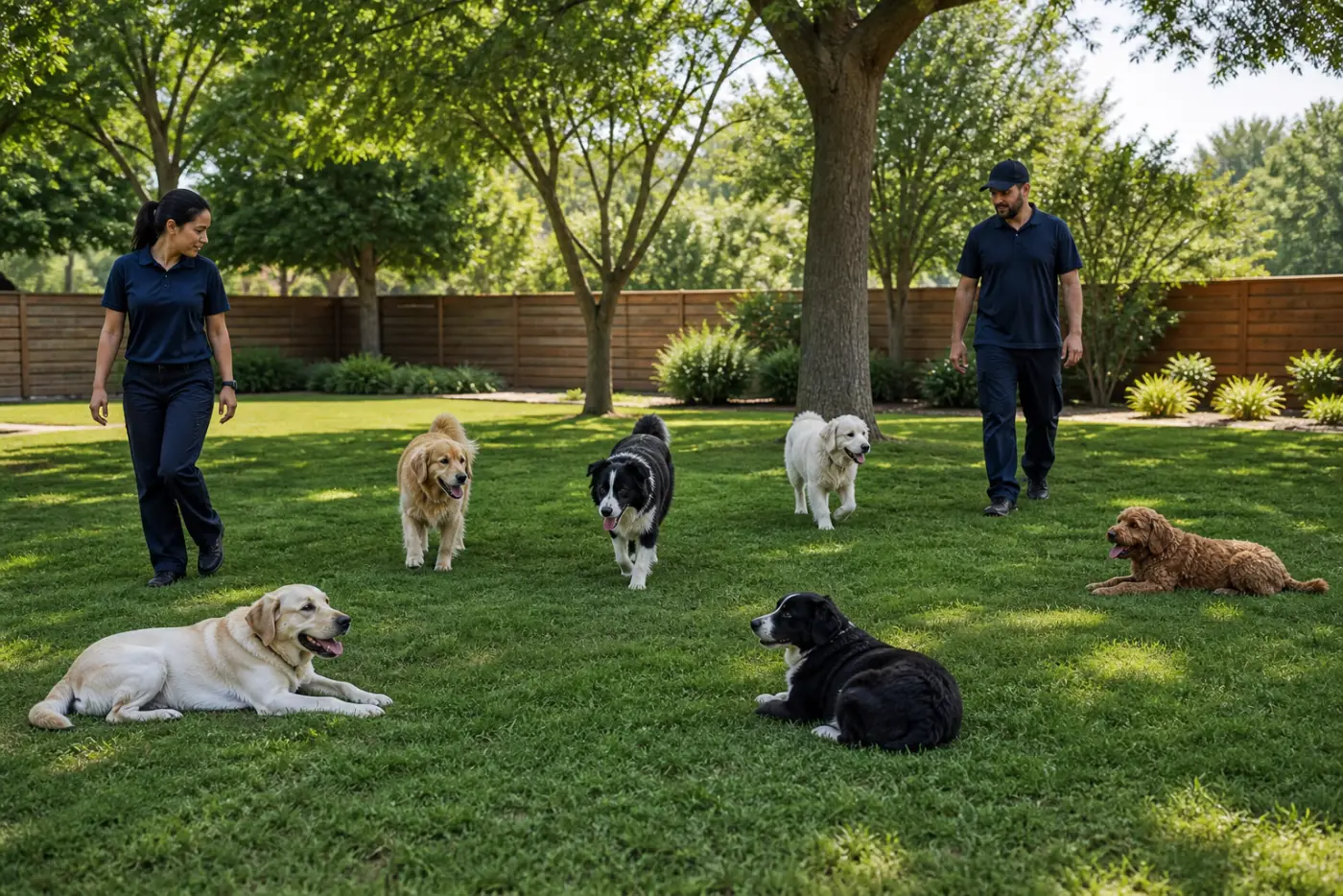 Ruhig betreute Hundegruppe im schattigen Garten des Premium-Resorts in Düsseldorf