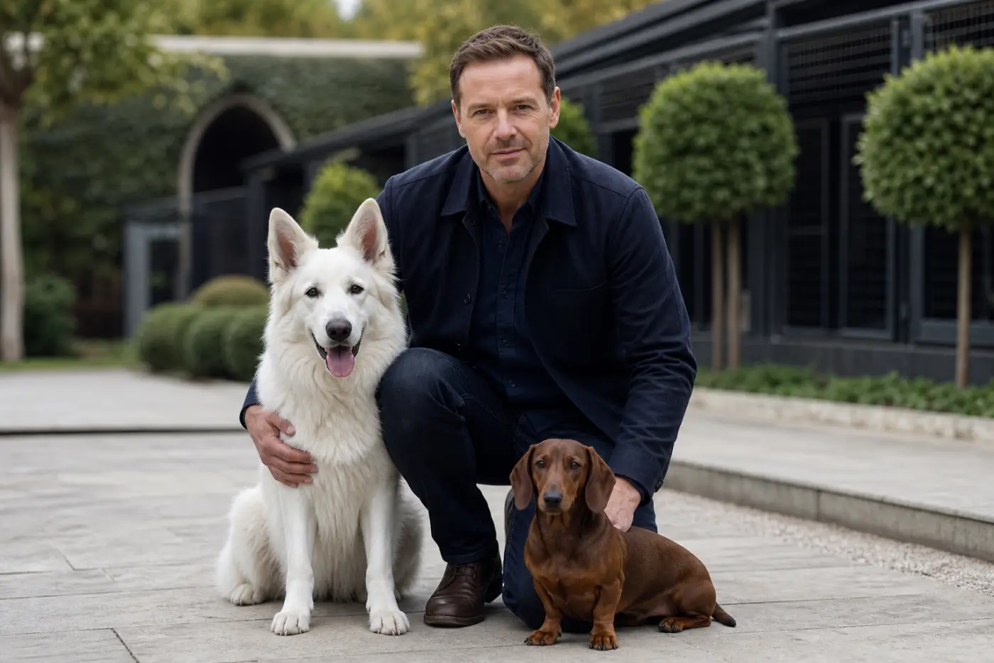 Sebastian Krüger kniet mit zwei Hunden im Garten des Dog Resorts in Düsseldorf-Kaiserswerth