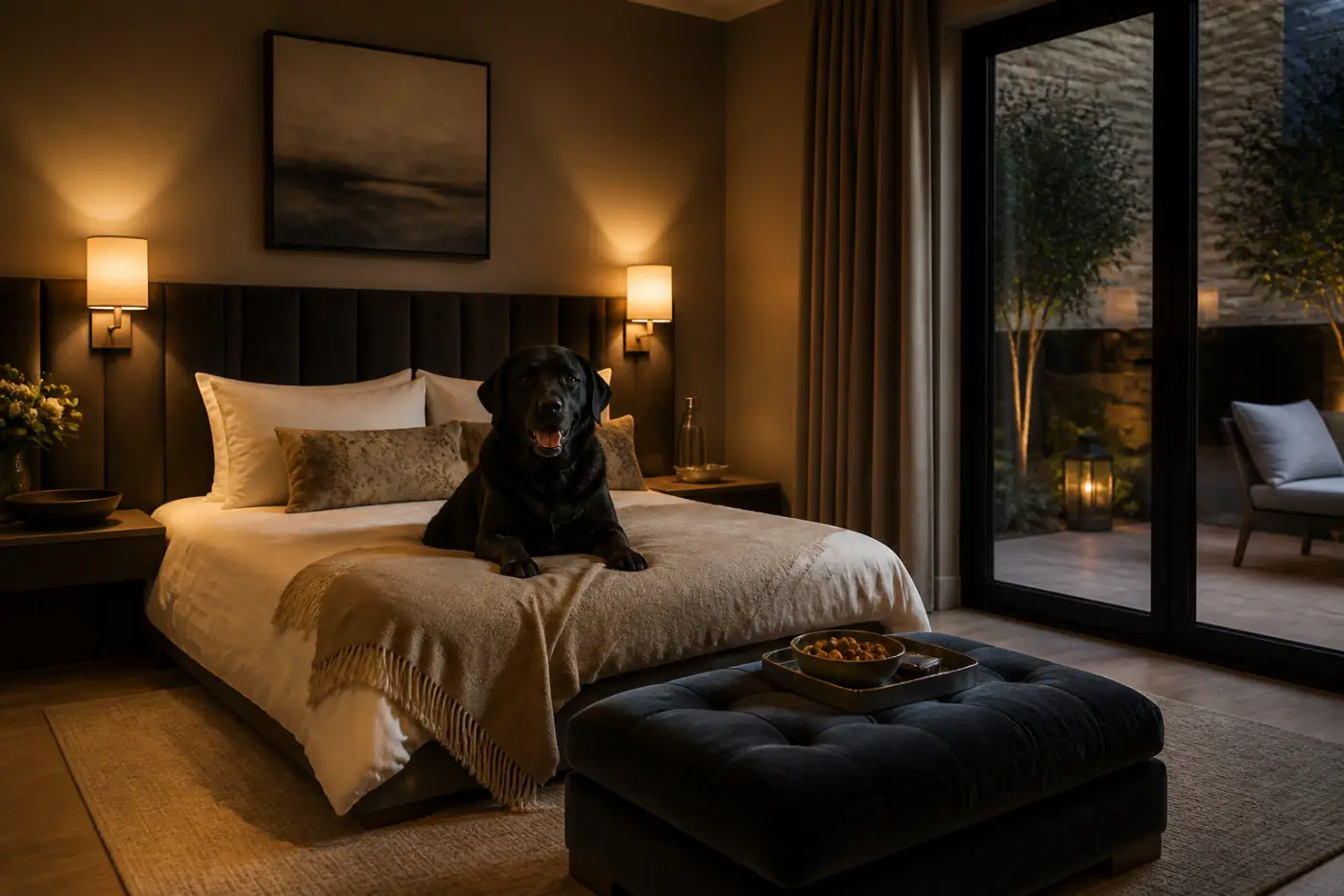 Labrador in einer VIP-Hundessuite mit Bett und privater Terrasse im Luxushotel Düsseldorf